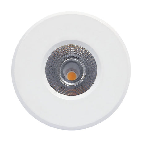 Cies 7W Downlight with round matt white bezel and central textured chrome reflector housing the LED, shown face-on for a 75mm cut-out on a plain white background.