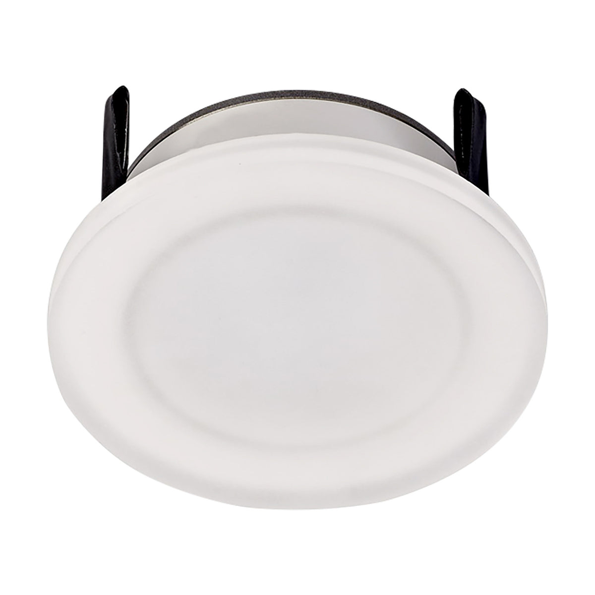 Metacrilato Acrylic Downlight with a round matt white face and flush rim, 80mm cut-out, integrated LED, shown front-on against a plain white background.