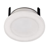 Metacrilato Acrylic Downlight with a round matt white face and flush rim, 80mm cut-out, integrated LED, shown front-on against a plain white background.