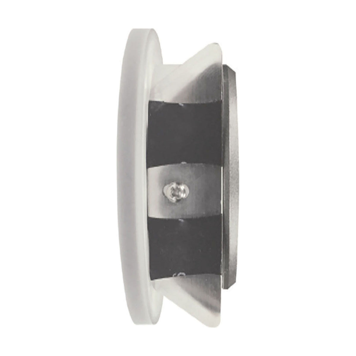 Side view of the Metacrilato acrylic downlight, 80mm cut-out, showing a matt white flush rim and metal housing with visible screw fitting, on a plain background.