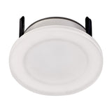 Metacrilato Acrylic Downlight with a round matt white bezel and diffused acrylic face, 80mm cut-out, 7W 4000K LED, shown with metal mounting clips on a plain white background.