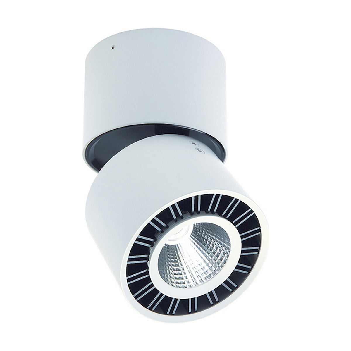 Columbretes Round Spotlight in matt white aluminium, adjustable cylindrical head with black trim ring around the integrated LED, 85mm, 12W, shown on a plain white background.