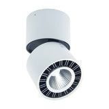 Columbretes Round Spotlight in matt white aluminium, adjustable cylindrical head with black trim ring around the integrated LED, 85mm, 12W, shown on a plain white background.