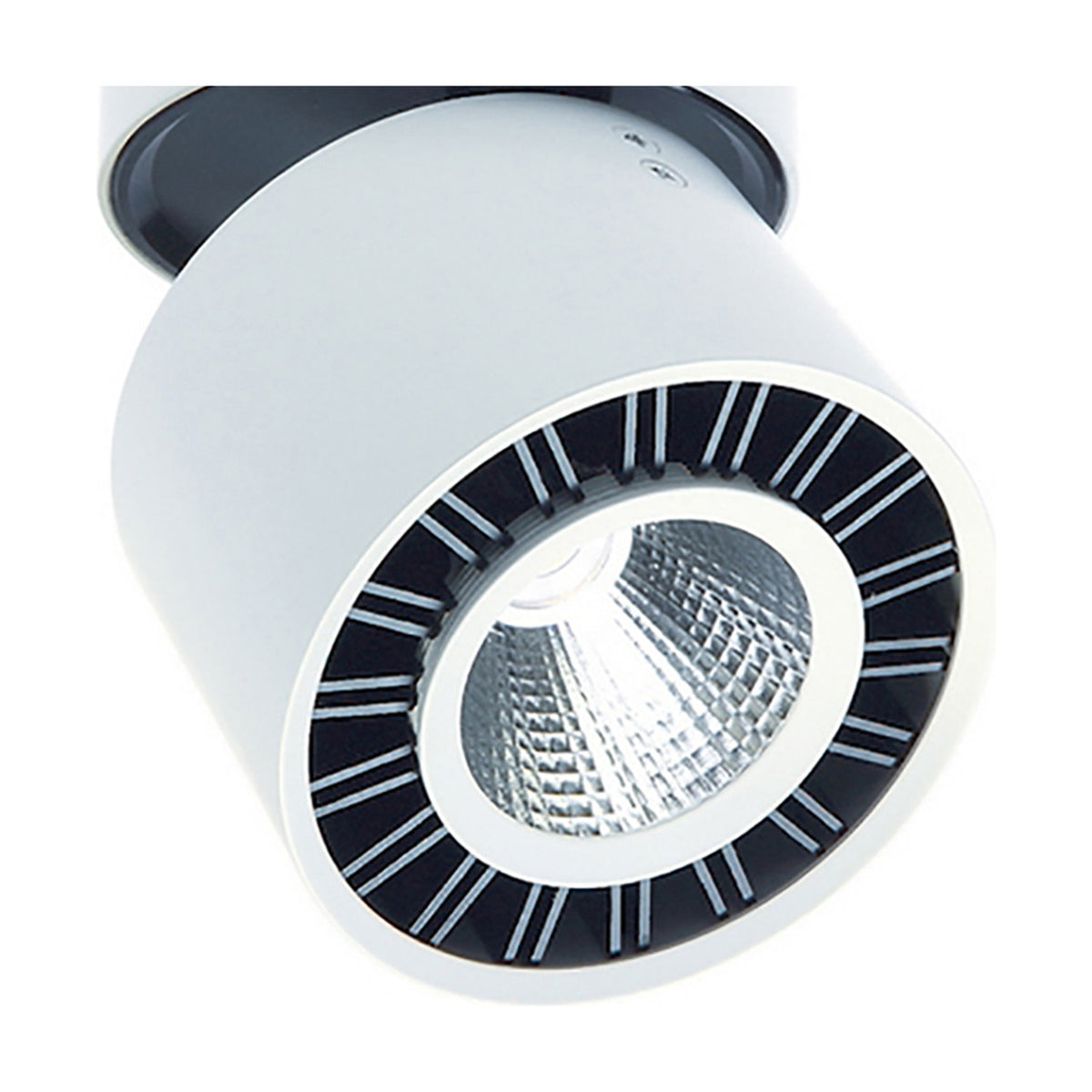 Close-up of the Columbretes Round Spotlight, 85mm matt white cylindrical head with black inner ring and integrated LED, shown on a plain white background.