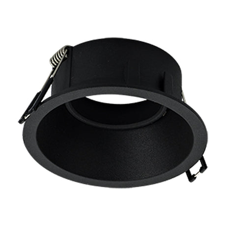 Comfort Round Recessed Downlight in matt black aluminium with 80mm cut-out, GU10 lampholder fitted, spring clips visible, shown on a white background.