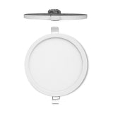 Saona Recessed Round Downlight in matt white with a frosted acrylic face, shown front-on and in profile with spring clips and built-in LED driver, on a plain white background.