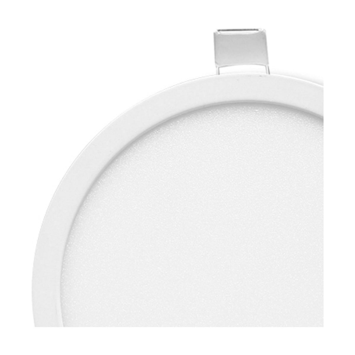 Close-up of the Saona round recessed downlight with a frosted acrylic diffuser in a matt white surround and a metal mounting clip, shown on a plain white background.