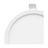 Close-up of the Saona round recessed downlight with a frosted acrylic diffuser in a matt white surround and a metal mounting clip, shown on a plain white background.