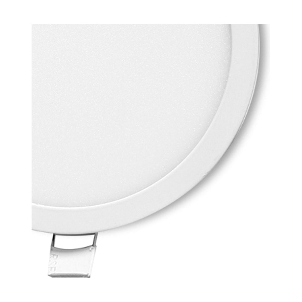 Close-up of the Saona Recessed Round Downlight in matt white, showing its slim frosted acrylic face and connector clip, 80mm cut-out, on a plain white background.