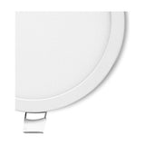 Close-up of the Saona Recessed Round Downlight in matt white, showing its slim frosted acrylic face and connector clip, 80mm cut-out, on a plain white background.