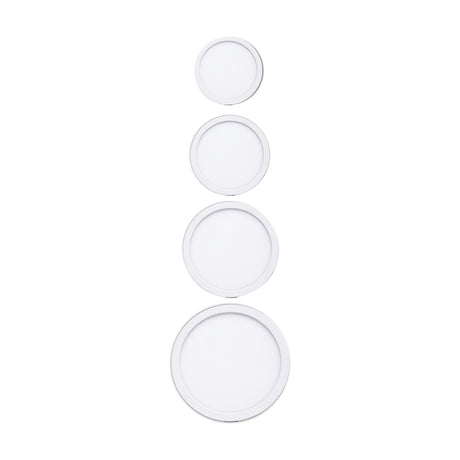 Saona Recessed Round Downlight in matt white, shown in four sizes with frosted acrylic faces, 160mm cut-out, 4000K, on a plain white background.