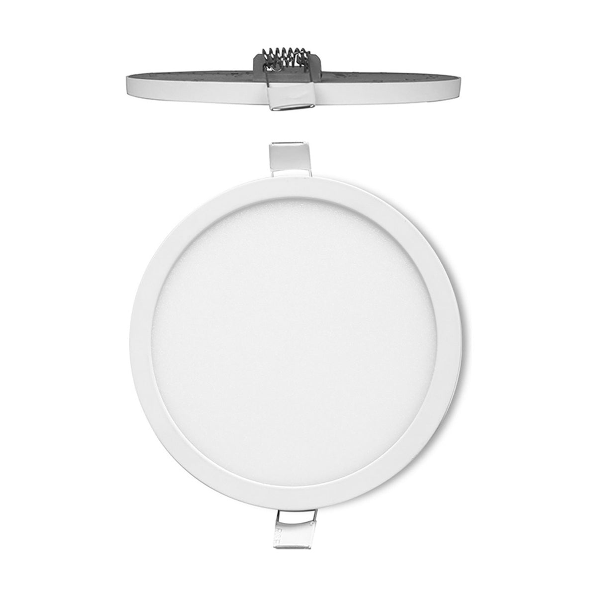 Saona Recessed Round Downlight with matt white rim and frosted acrylic face, shown from side and front with spring clips, 80mm cut-out, on a plain white background.