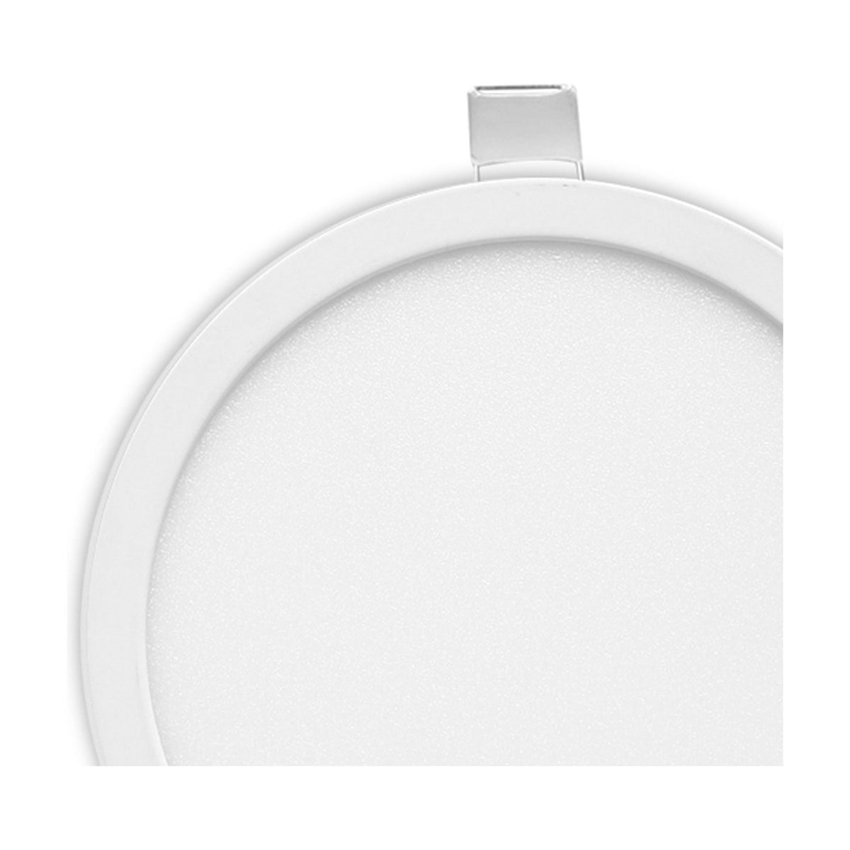 Close-up of the Saona Recessed Round Downlight in matt white with a frosted acrylic face and slim rim, 80mm cut-out, 3000K warm white LED, shown against a plain white background.