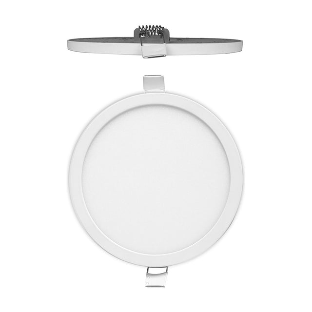 Saona Recessed Round Downlight with matt white rim and frosted acrylic face, shown front-on and in profile with spring clips and integral LED driver, on a plain white background.