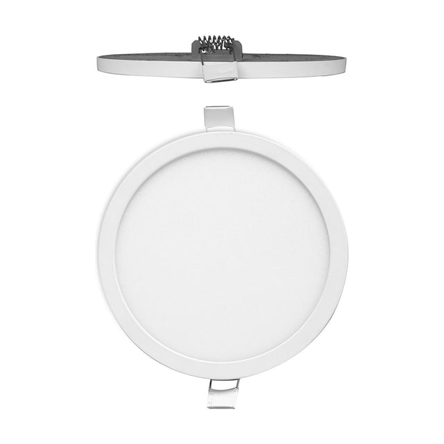 Saona recessed downlight, round, matt white edge with frosted acrylic diffuser, shown front-facing and side-on with spring clips, on a plain white background.