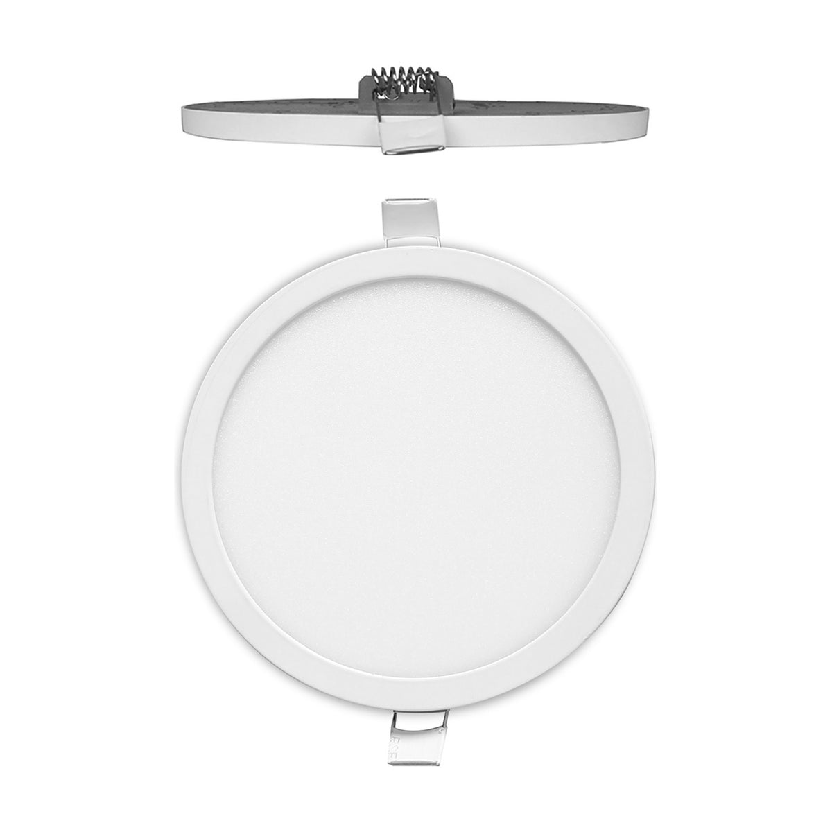 Saona Recessed Round Downlight, 210mm cut-out, matt white finish with plain unbroken rim, shown front-facing and in profile with spring clips and integrated LED driver on a white background.