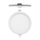 Saona Recessed Round Downlight, 210mm cut-out, matt white finish with plain unbroken rim, shown front-facing and in profile with spring clips and integrated LED driver on a white background.