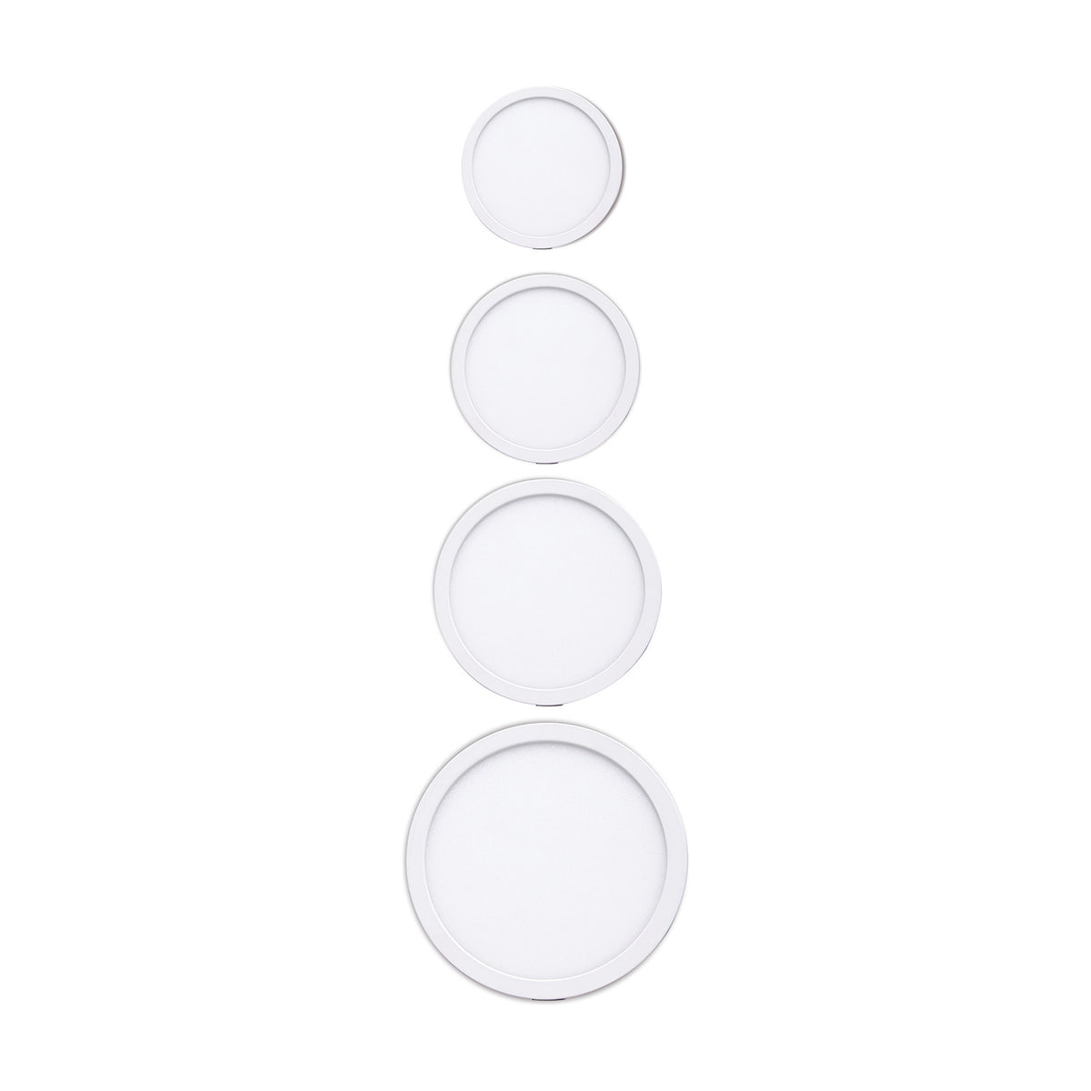 Saona Recessed Round Downlight in matt white shown in four sizes with plain rims on a white background, illustrating the 210mm cut-out option among the range.