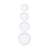 Saona Recessed Round Downlight in matt white shown in four sizes with plain rims on a white background, illustrating the 210mm cut-out option among the range.