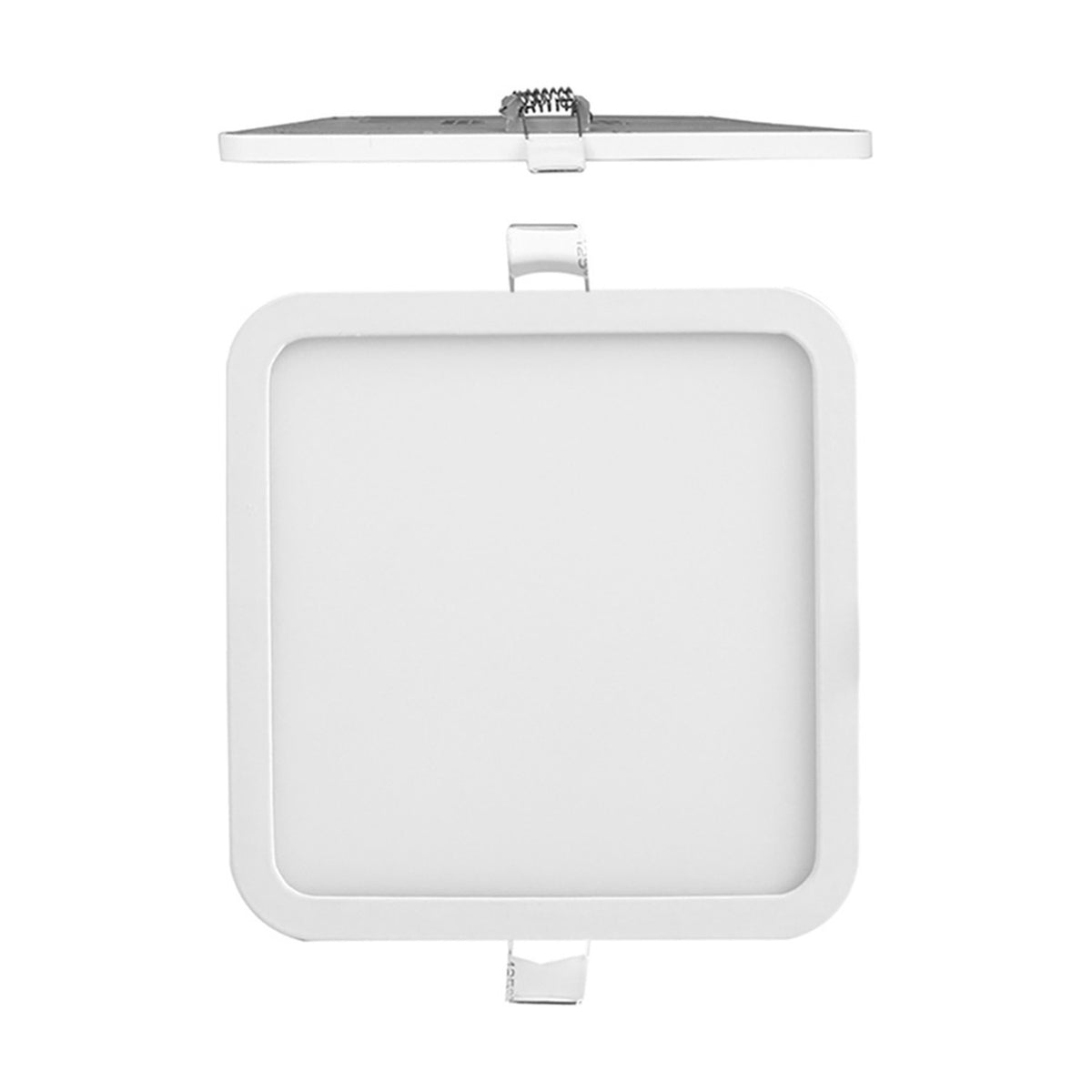 Saona Recessed Square Downlight, 80mm cut-out, matt white square bezel with integrated LED panel and spring clips, shown front-on and side-on against a plain white background.