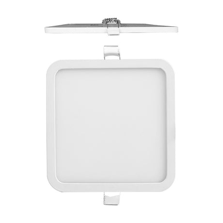 Saona Recessed Square Downlight, 80mm cut-out, matt white square bezel with integrated LED panel and spring clips, shown front-on and side-on against a plain white background.