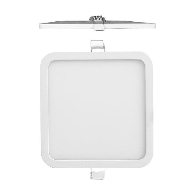 Saona Recessed Square Downlight, 80mm cut-out, matt white square bezel with integrated LED panel and spring clips, shown front-on and side-on against a plain white background.