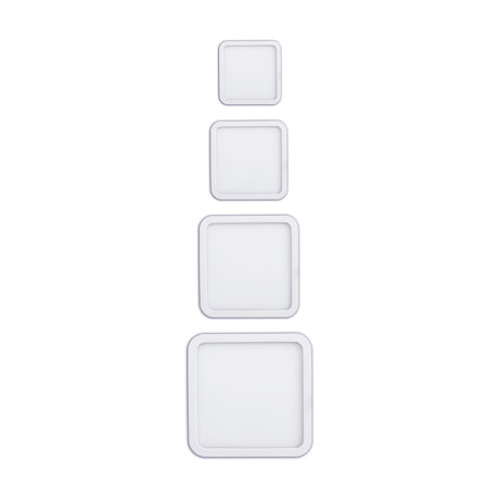 Saona Recessed Square Downlight in matt white shown in four sizes with rounded corners, 80mm cut-out, 4000K LED, on a plain white background.