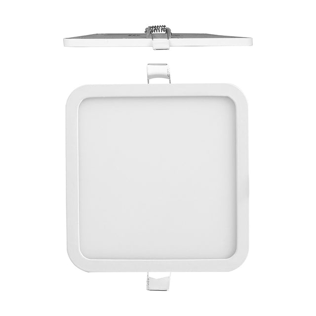 Saona Recessed Square Downlight in matt white with rounded corners, shown assembled and exploded to reveal spring clips and integrated LED driver, on a plain white background.