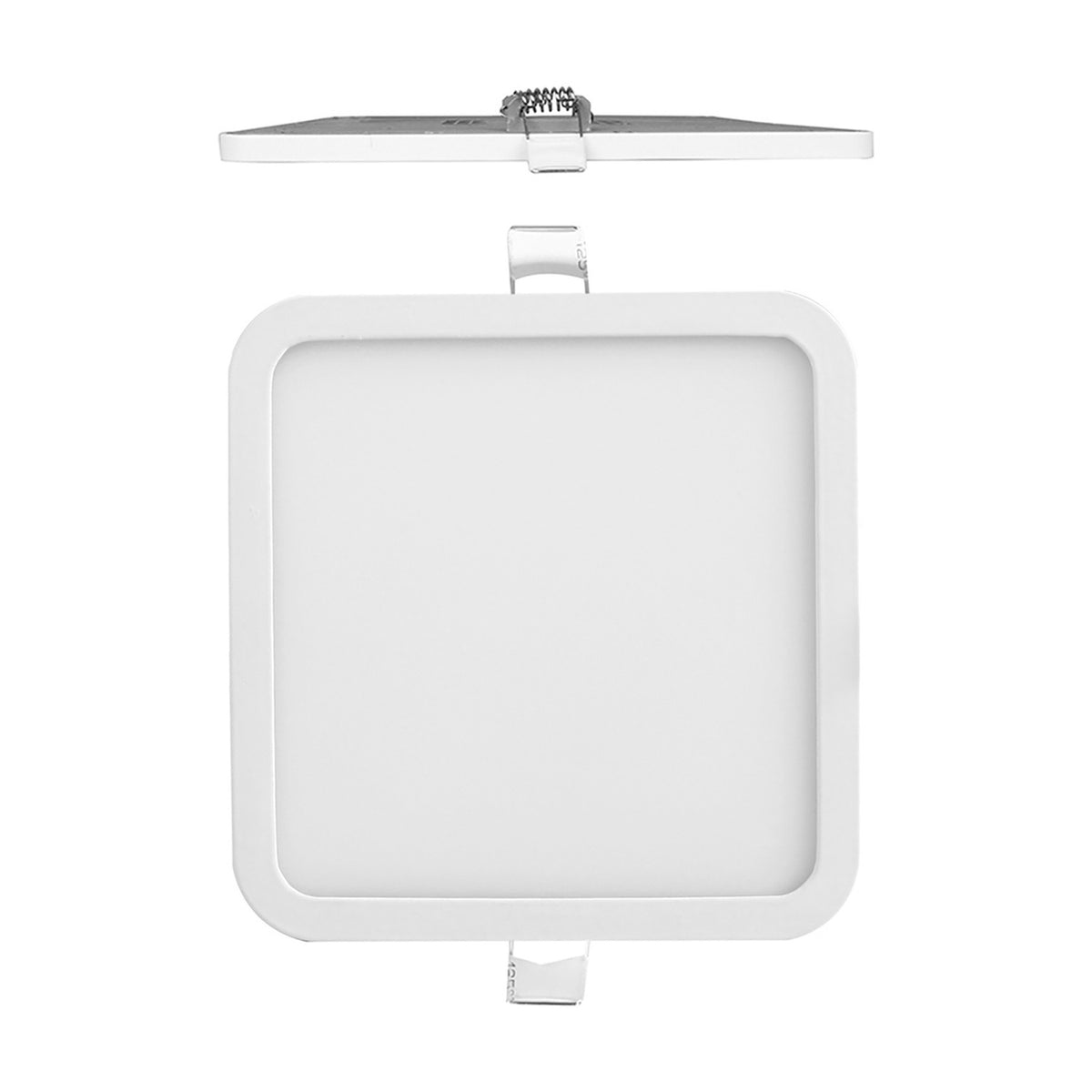 Saona Recessed Square Downlight in matt white, shown from above with spring clips and from the front with a slim square trim, 160mm cut-out, 4000K LED, on a plain white background.