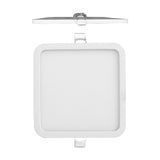 Saona Recessed Square Downlight in matt white, shown from above with spring clips and from the front with a slim square trim, 160mm cut-out, 4000K LED, on a plain white background.