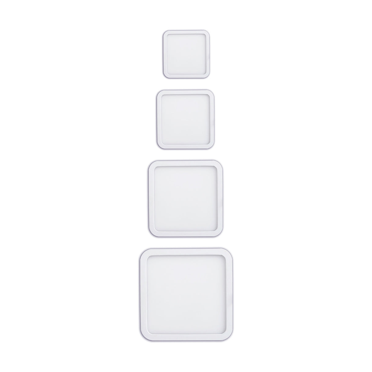 Saona Recessed Square Downlight in matt white, four sizes shown with integrated LED panels, 4000K cool white, on a plain white background.