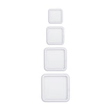 Saona Recessed Square Downlight in matt white, four sizes shown with integrated LED panels, 4000K cool white, on a plain white background.