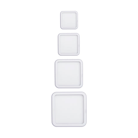 Saona Recessed Square Downlight in matt white, four sizes shown with integrated LED panels, 4000K cool white, on a plain white background.
