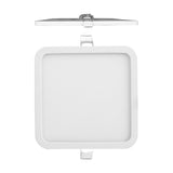 Saona Recessed Square Downlight in matt white, shown front-on with diffuser and side profile displaying spring clips for 210mm cut-out fitting, on a plain white background.