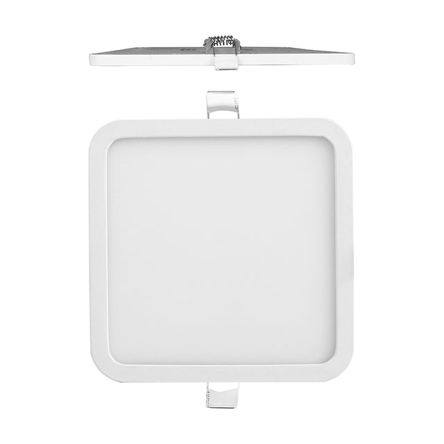 Saona Recessed Square Downlight in matt white, shown front-on with diffuser and side profile displaying spring clips for 210mm cut-out fitting, on a plain white background.