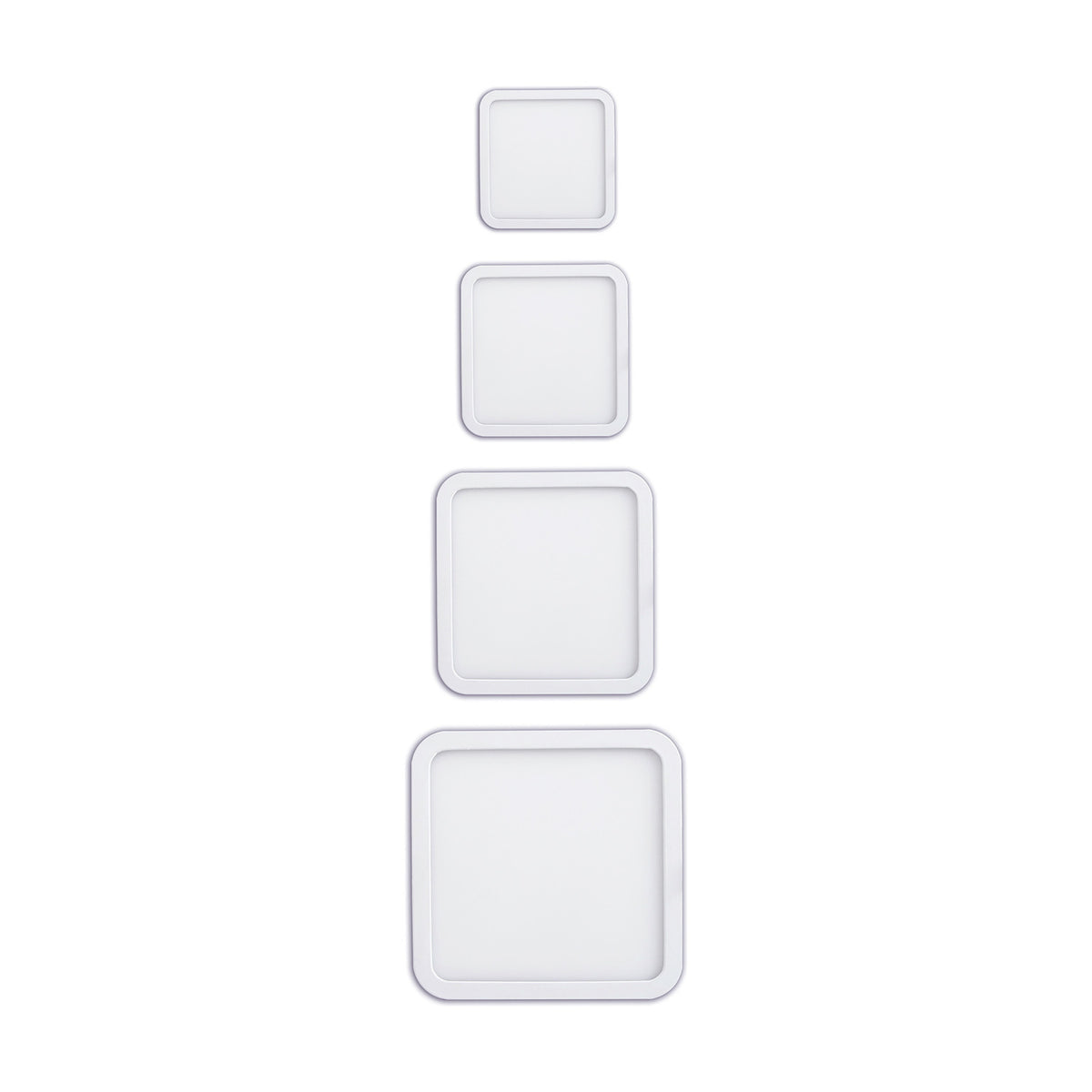 Saona Recessed Square Downlight, four sizes shown, matt white square frames with integrated LED panel, 4000K neutral white, on a plain white background.