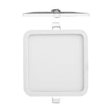 Saona square recessed downlight in matt white with integrated LED, shown from above and below with spring clips and driver, 130mm cut-out, 3000K, on a plain white background.