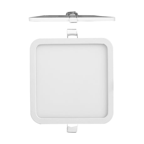 Saona square recessed downlight in matt white with integrated LED, shown from above and below with spring clips and driver, 130mm cut-out, 3000K, on a plain white background.