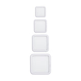 Saona square recessed downlights in matt white, four sizes shown from small to large with rounded corners, 130mm cut-out, 3000K LED, on a plain white background.