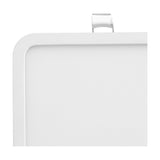 Close-up of the Saona square recessed downlight in matt white with a rounded corner edge, 130mm cut-out, shown against a plain white background.
