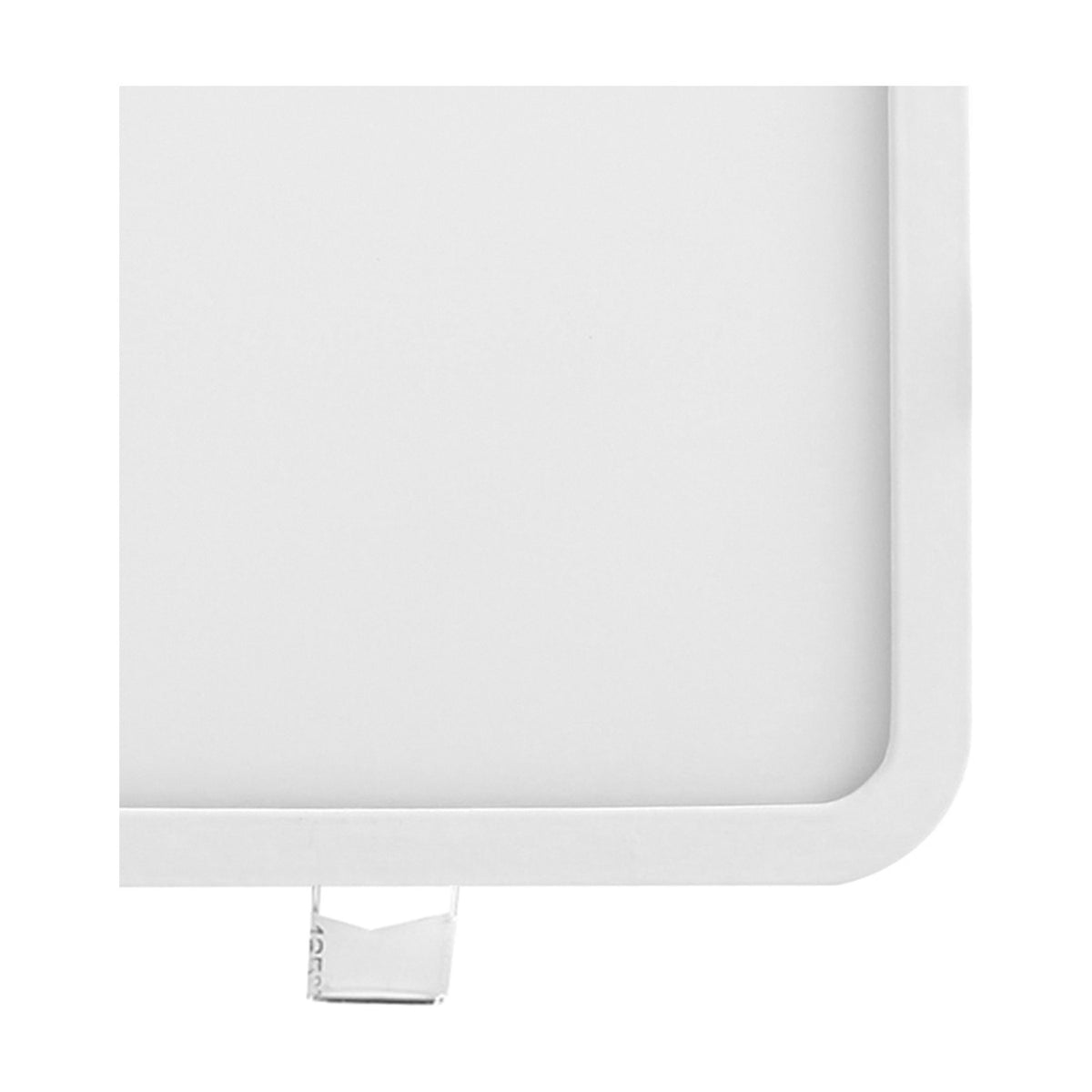 Close-up of the Saona Recessed Square Downlight in matt white, showing the square frame corner with rounded edge and connector clip, set against a plain white background.