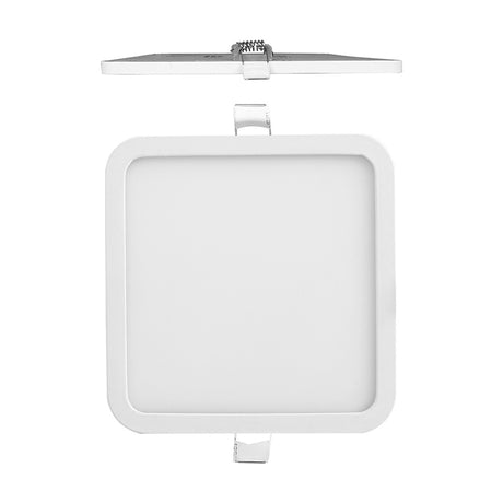 Saona square recessed downlight in matt white with a slim frame and integrated LED driver, shown front and side view with mounting clips on a plain white background.