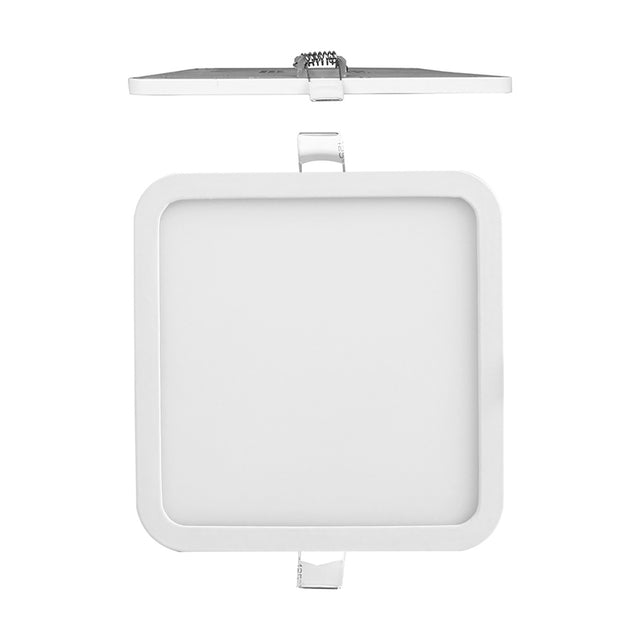 Saona square recessed downlight in matt white with a slim frame and integrated LED driver, shown front and side view with mounting clips on a plain white background.