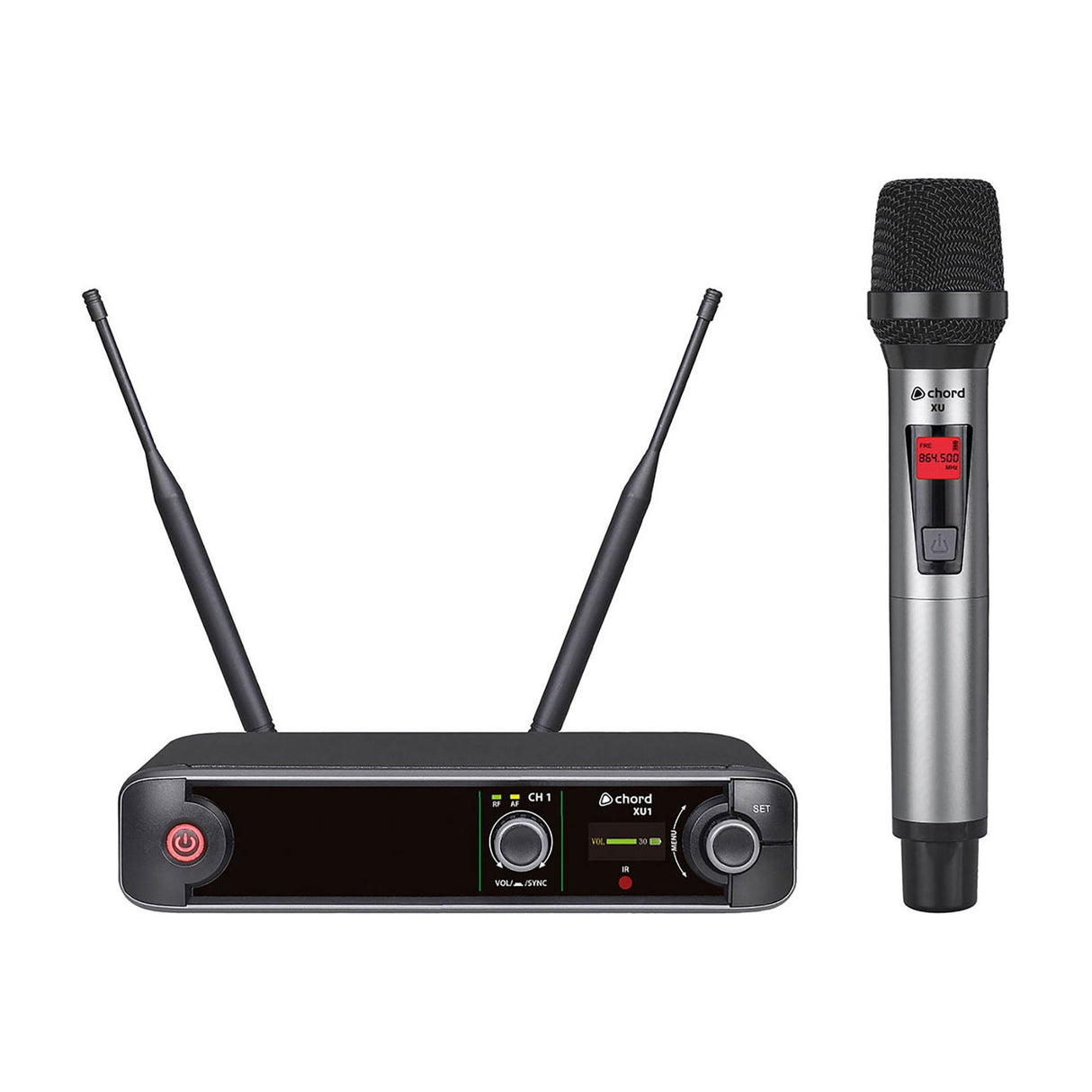 Chord XU1-H handheld wireless microphone system with black half-width UHF receiver, dual antennas, and silver brushed-metal handheld mic on white.