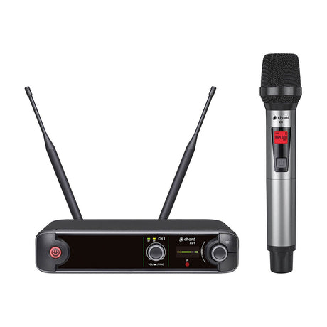 Chord XU1-H handheld wireless microphone system with black half-width UHF receiver, dual antennas, and silver brushed-metal handheld mic on white.