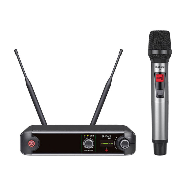 Chord XU1-H handheld wireless microphone system with black half-width UHF receiver, dual antennas, and silver brushed-metal handheld mic on white.