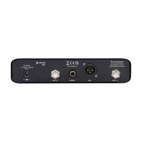 Rear panel of the Chord XU1-H wireless microphone receiver by AVSL, showing DC input, BNC antenna sockets, 6.3mm unbalanced jack and XLR balanced output.
