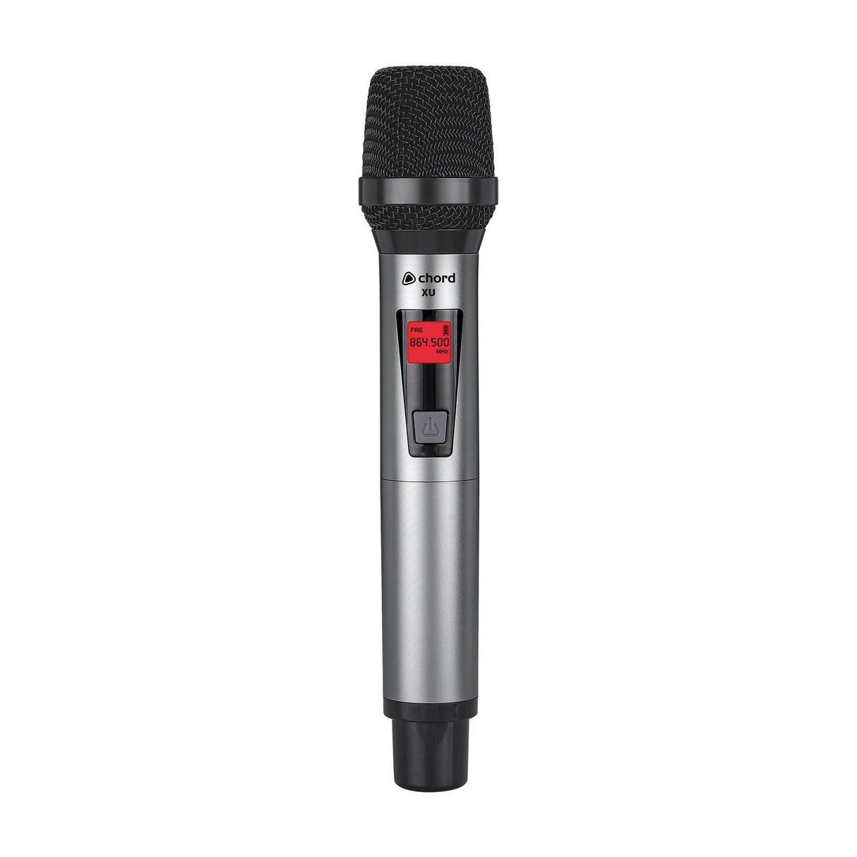 Chord XU1-H handheld wireless microphone with silver brushed-metal body, black mesh grille and red LCD showing 864.500MHz, on a white background.