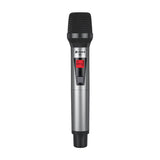 Chord XU1-H handheld wireless microphone with silver brushed-metal body, black mesh grille and red LCD showing 864.500MHz, on a white background.