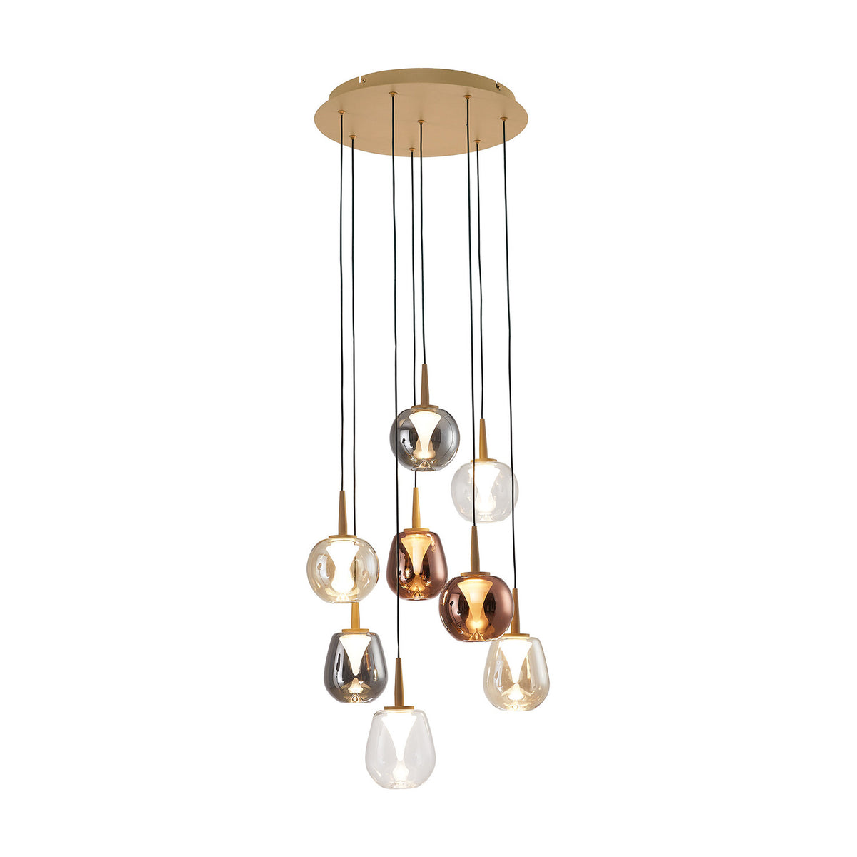 Round 8-light pendant, light gold finish, with clear, smoke-grey and amber glass globe shades on cascading cords from a circular ceiling plate, plain white background.